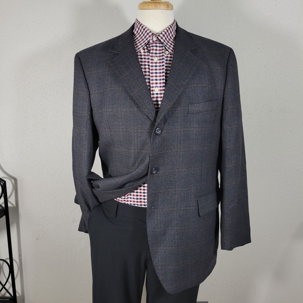 Jones New York Men's Sport Coat Blazer Three Button CH Gray Plaid Wool 44R
